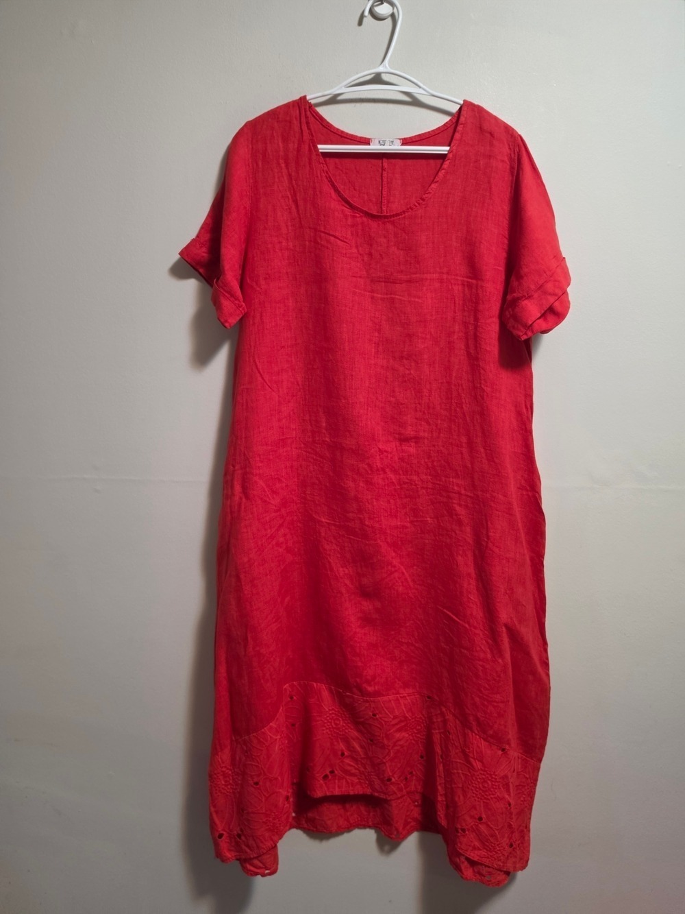 Rosemarine Red 100% Linen Eyelet Hem Tunic Dress Size Large